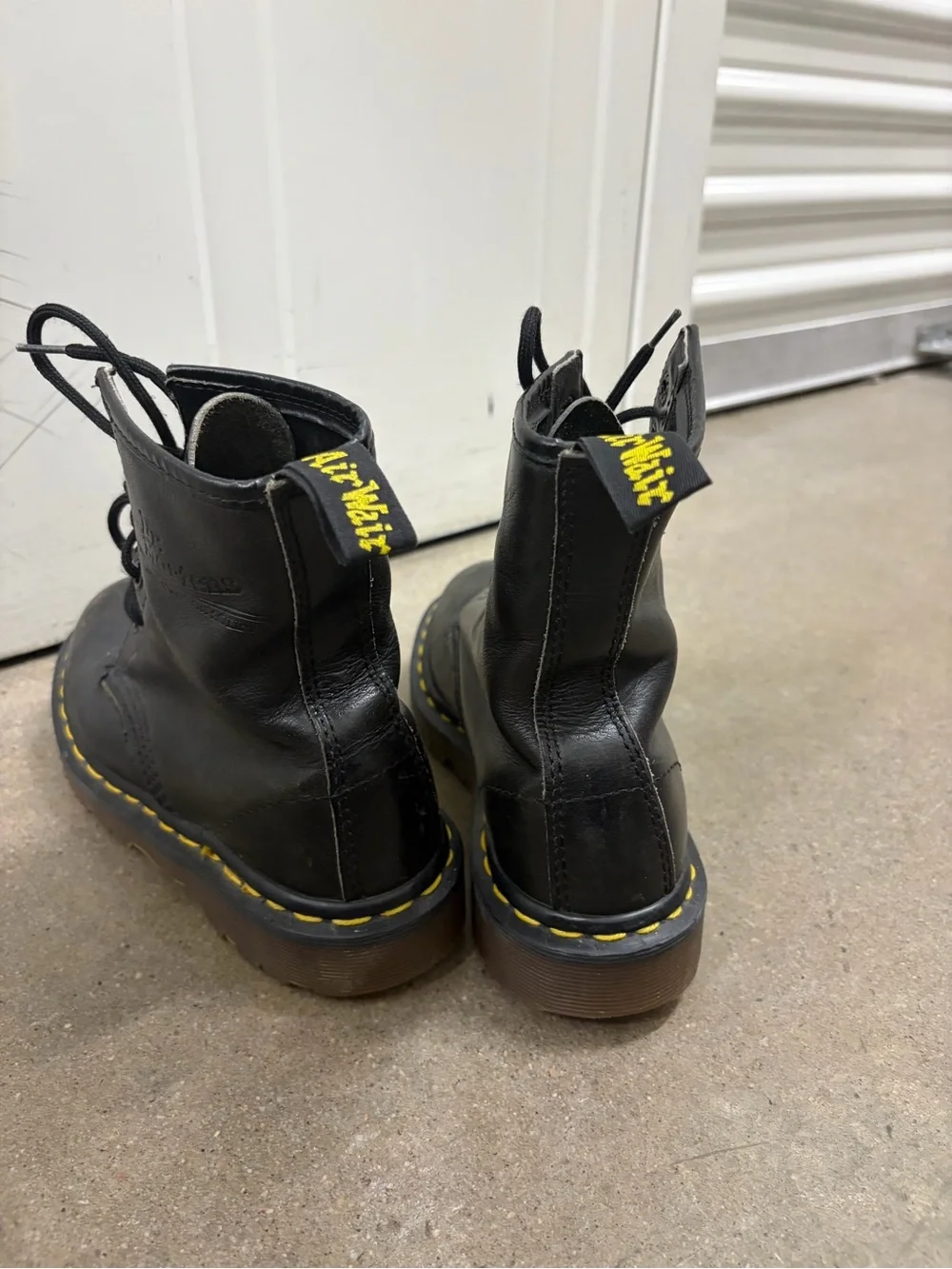Dr. Martens Black Leather Lace-Up Combat Boots with Yellow Stitching